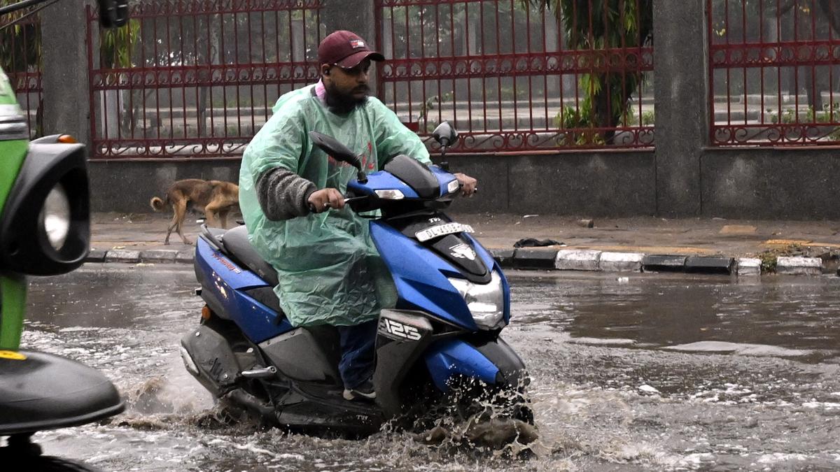 A scooterist wade through a water logged street of Delhi on a rainy day, in the capital on Friday. December 27, 2024. delhi december rain 2024