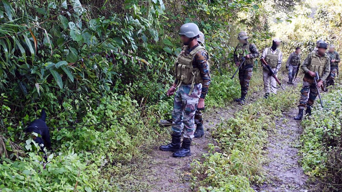 Security personnal during a search operation on hidden IEDs at Maphitel Ridge near Monglham during a joint search operation, in Imphal East, Manipur