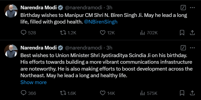 pm wishes to biren singh and jyotiraditya scindia 